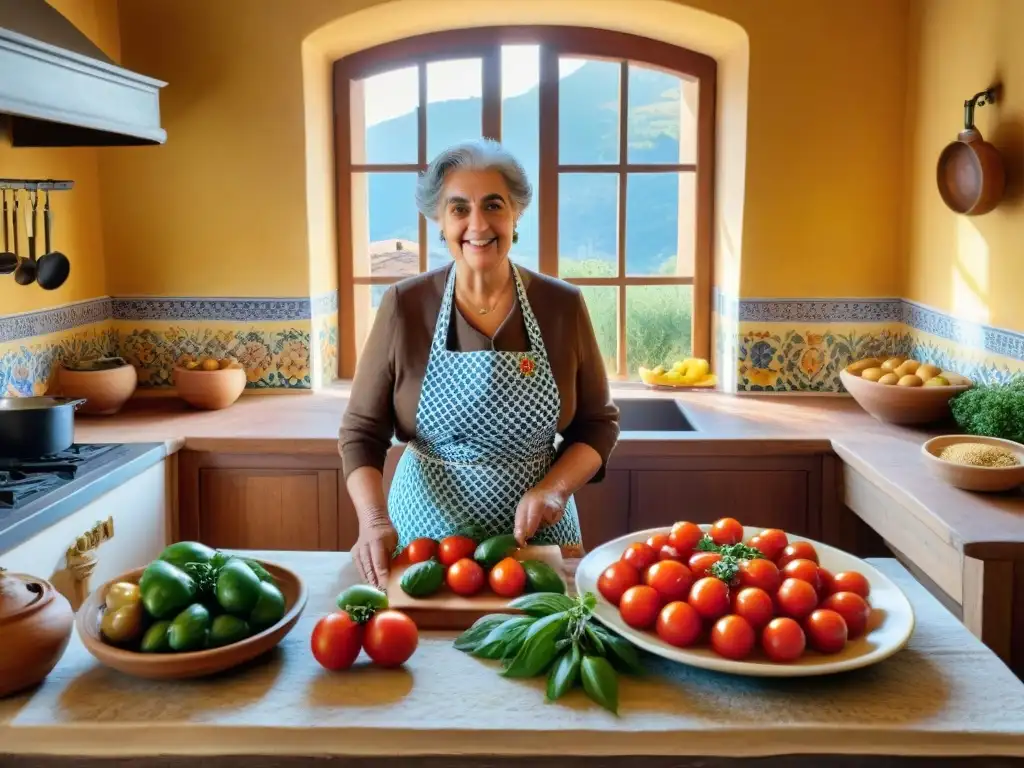 Una cocina siciliana auténtica llena de vida: ingredientes coloridos, una nonna preparando arancini y ambiente acogedor