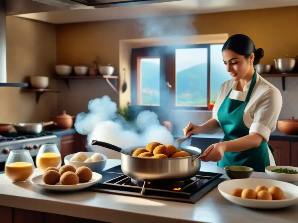 Una cocina siciliana llena de vida con chefs preparando platos tradicionales como arancini, caponata y cannoli