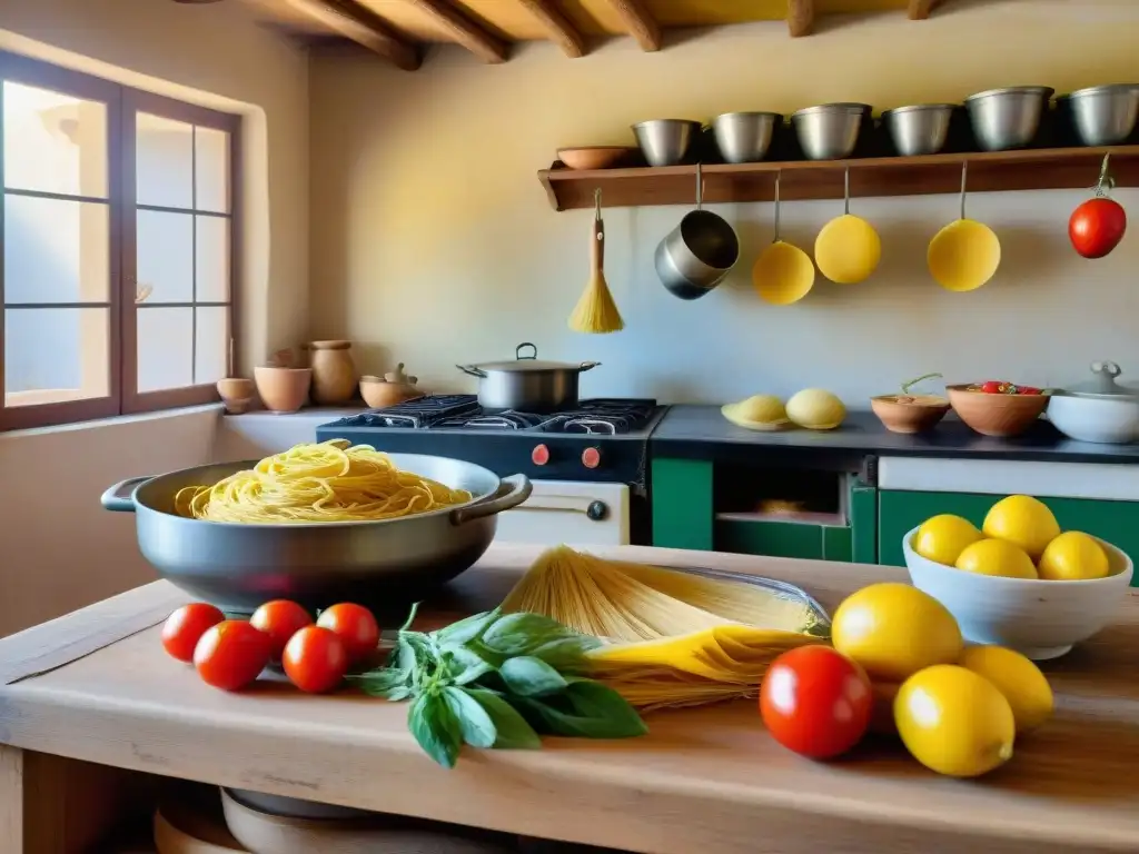 Una cocina siciliana tradicional bulliciosa con platos tradicionales, donde una nonna experta prepara pasta fresca