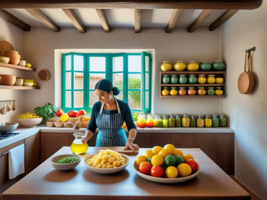 Una cocina siciliana tradicional llena de vida mientras una nonna amasa pasta fresca rodeada de ingredientes vibrantes