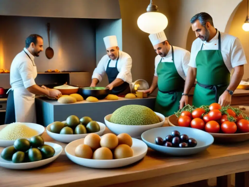 Una cocina siciliana tradicional llena de ingredientes locales con chefs preparando platos icónicos