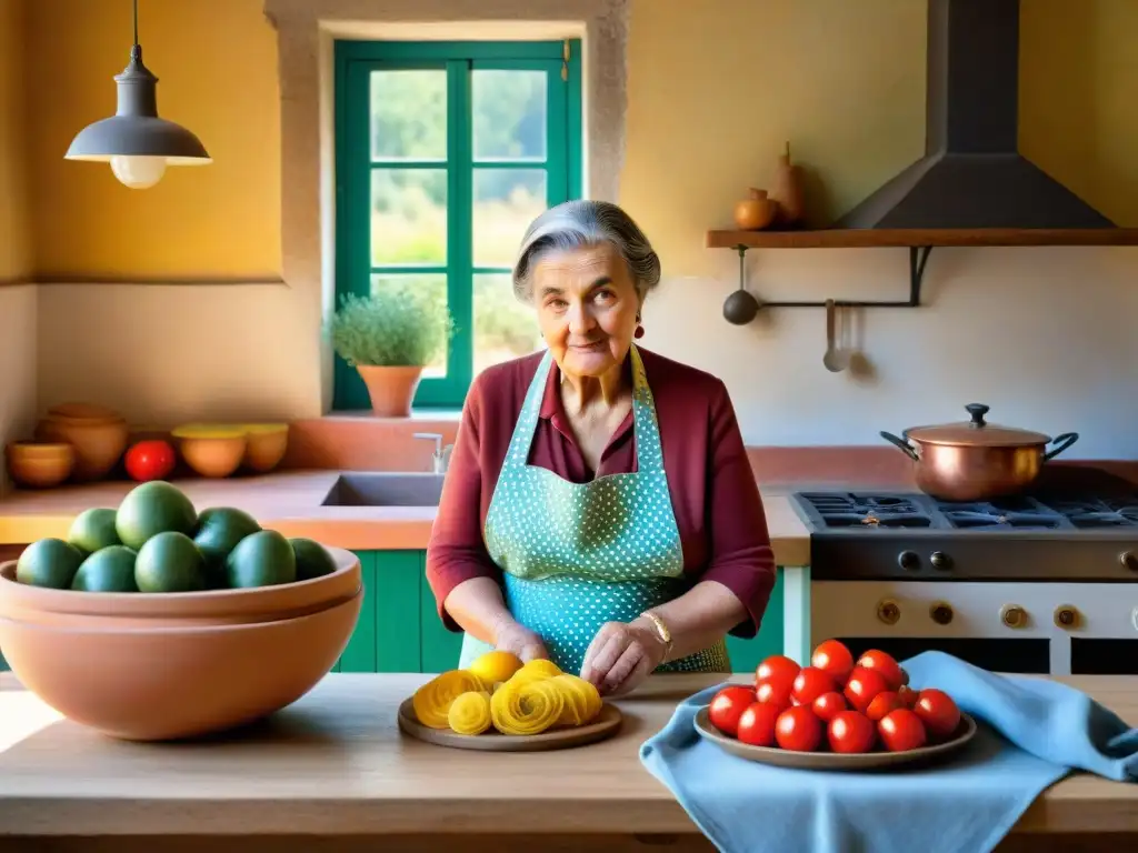 Una cocina siciliana tradicional con una nonna haciendo pasta a mano, rodeada de ingredientes frescos