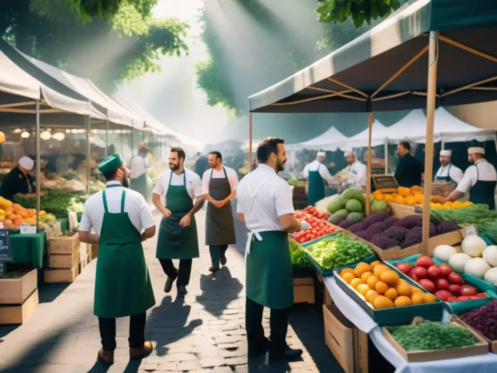 Cocina sostenible: chefs italianos explorando colorido mercado de agricultores, en armonía con productores locales