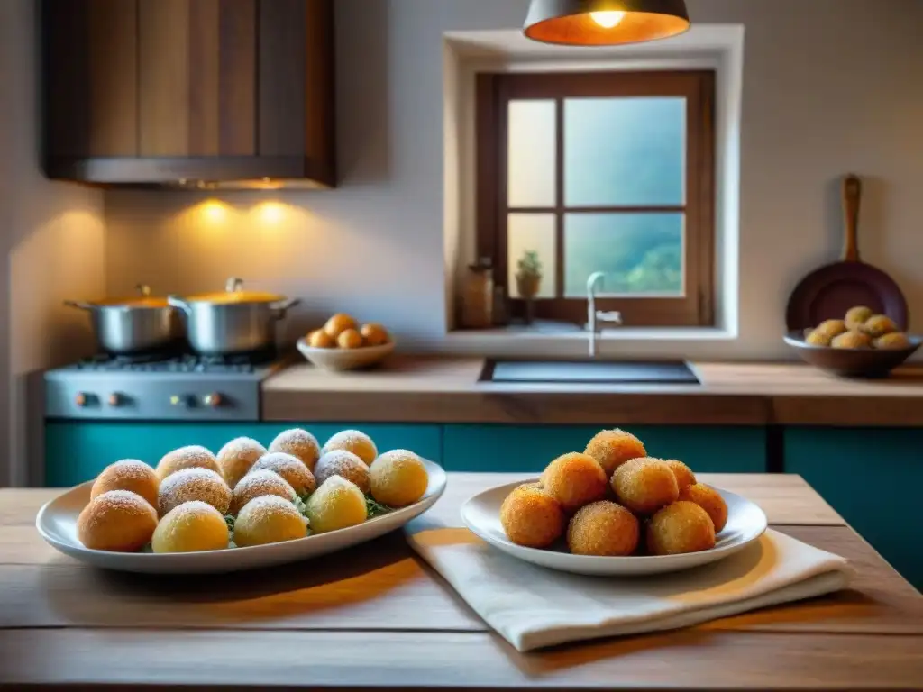 Cocina del Sur de Italia: mesa rústica con platos de pasta alla Norma, caponata y arancini, bañados por la cálida luz del sol