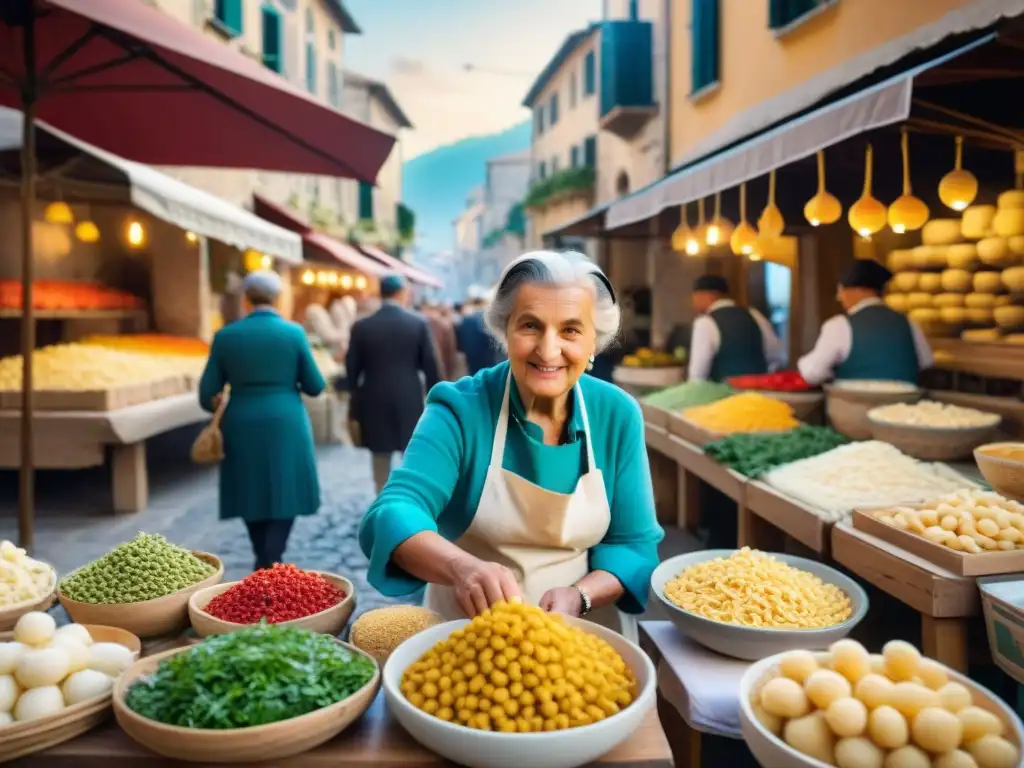 Cocina del Sur de Italia: una nonna experta haciendo orecchiette en un mercado tradicional vibrante y bullicioso