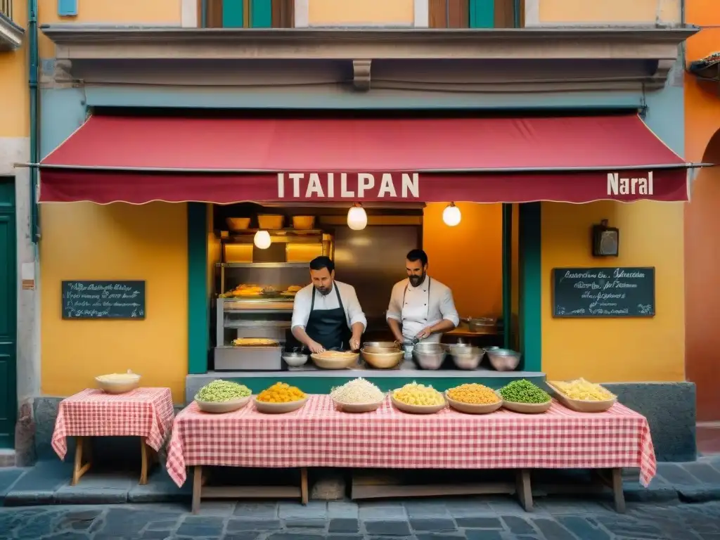 Cocina del Sur de Italia: Un restaurante familiar en las encantadoras calles de Nápoles, con colores vibrantes y pasta fresca siendo preparada a mano