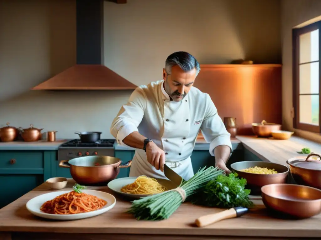 Cocina toscana: tradición culinaria en una villa con encanto Una cocina toscana rústica con mesa de madera larga, platos florentinos y chef preparando pasta