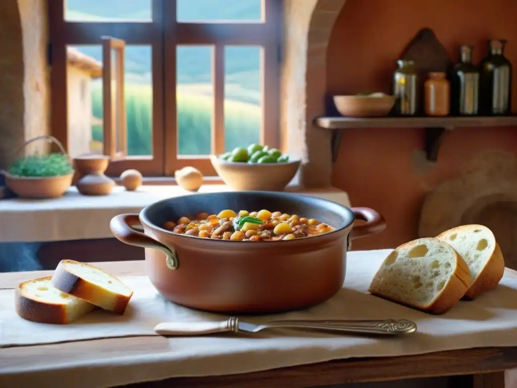 Una cocina toscana rústica con una olla de terracota burbujeante de Fagioli all'uccelletto receta tradicional, ingredientes frescos y luz dorada