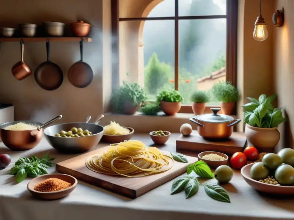 Una cocina toscana rústica con técnicas de cocina tradicionales, resplandeciente con productos frescos y una atmósfera de maestría culinaria