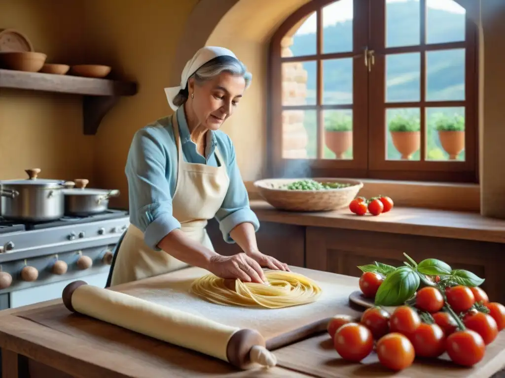 Una cocina toscana tradicional con ingredientes frescos y una nonna italiana elaborando pasta fresca