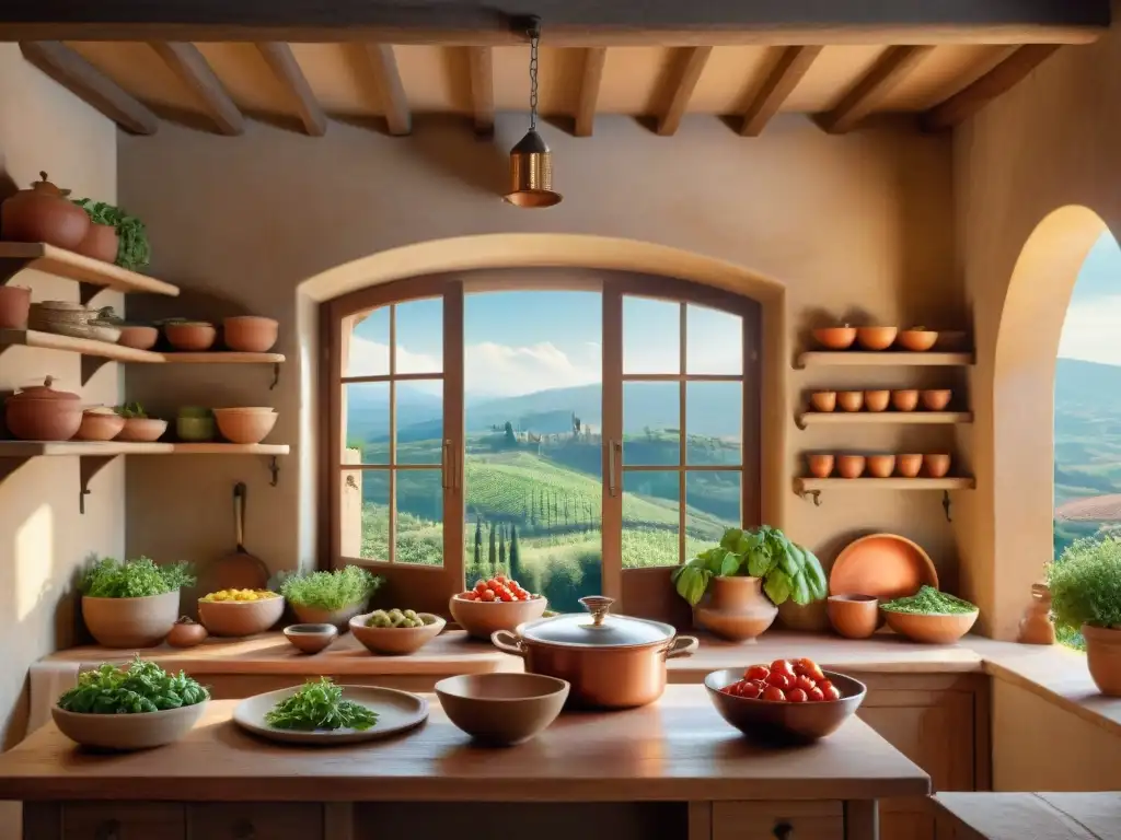 Una cocina toscana tradicional con ingredientes frescos y utensilios antiguos