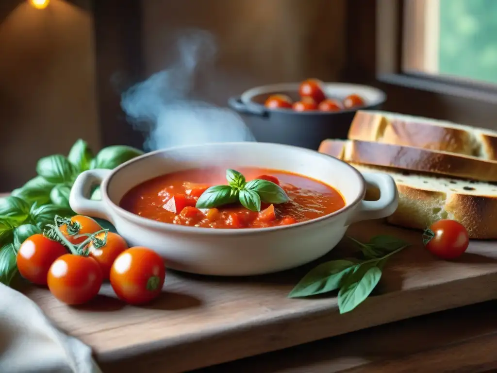 Una cocina toscana tradicional con una mesa de madera, tomates, albahaca, ajos y pan, con una olla de Pappa al Pomodoro receta tradicional