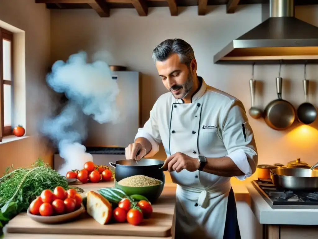 Cocina piamontesa tradicional de Davide Palluda: chef feliz reviviendo la esencia culinaria rodeado de ingredientes frescos