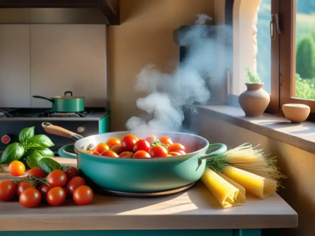 Una cocina tradicional italiana en Elba: una mesa rústica con ingredientes frescos y una nonna cocinando con amor