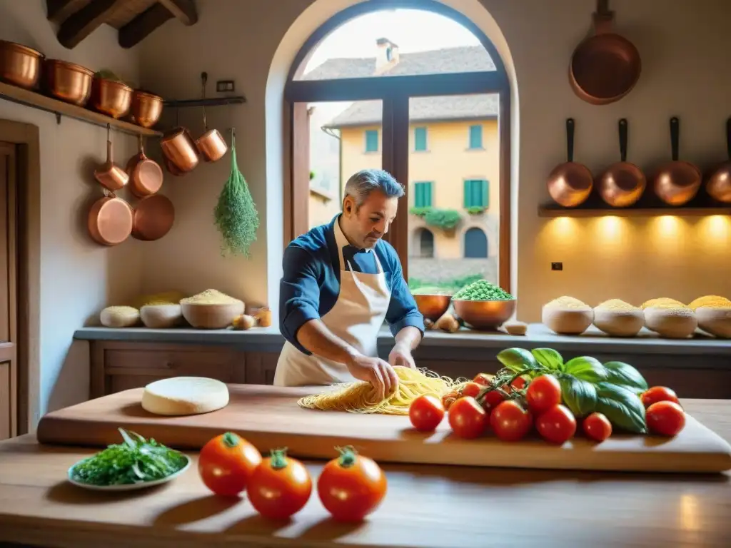 Una cocina tradicional italiana en Orvieto: mesa rústica con tomates, albahaca, quesos, chef haciendo pasta y utensilios de cobre