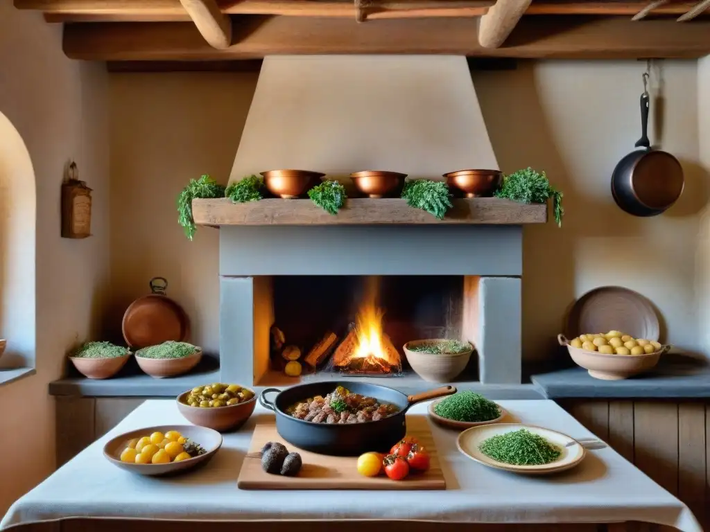 Una cocina tradicional de Umbría con mesa de madera, platos coloridos y comida típica, rodeada de detalles acogedores