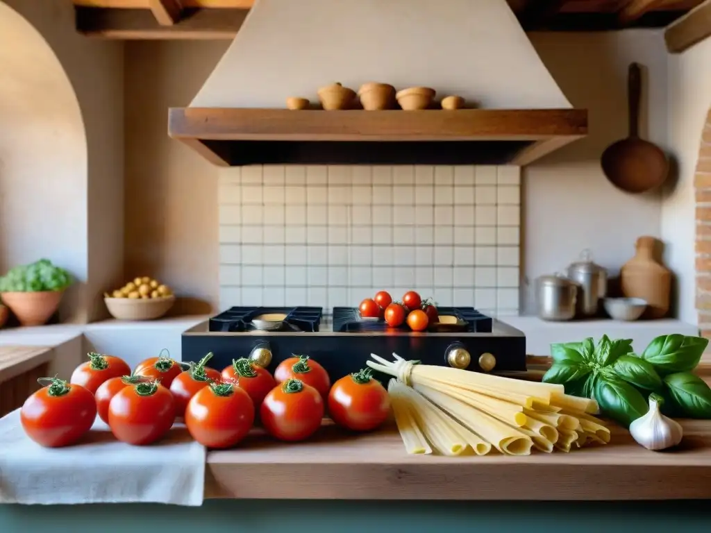 Cocina tradicional del norte de Italia: Mesa rústica llena de productos frescos y chimenea de ladrillo al fondo