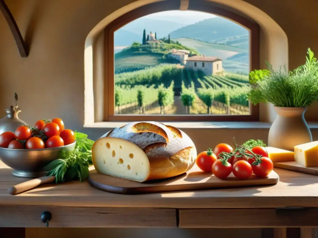 Una cocina tradicional del norte de Italia: mesa de madera rústica con pan recién horneado, quesos, tomates, hierbas y aceite de oliva