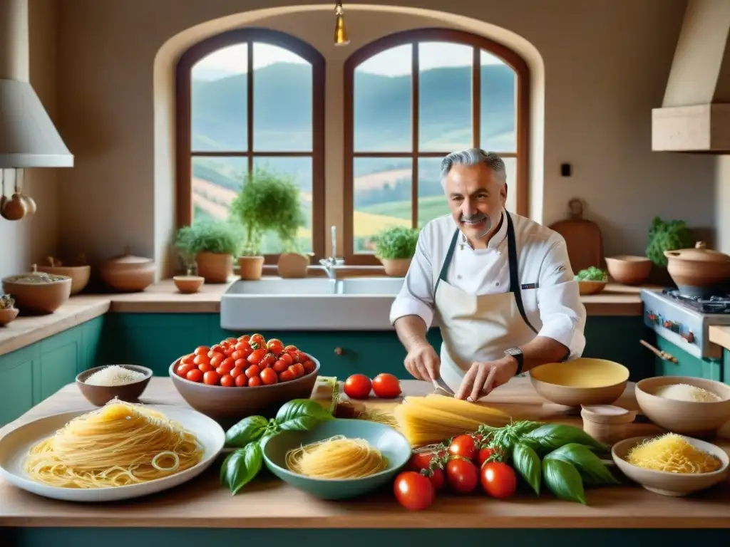 Cocina tradicional del norte de Italia: Chef mayor haciendo pasta fresca en mesa rústica con ingredientes frescos