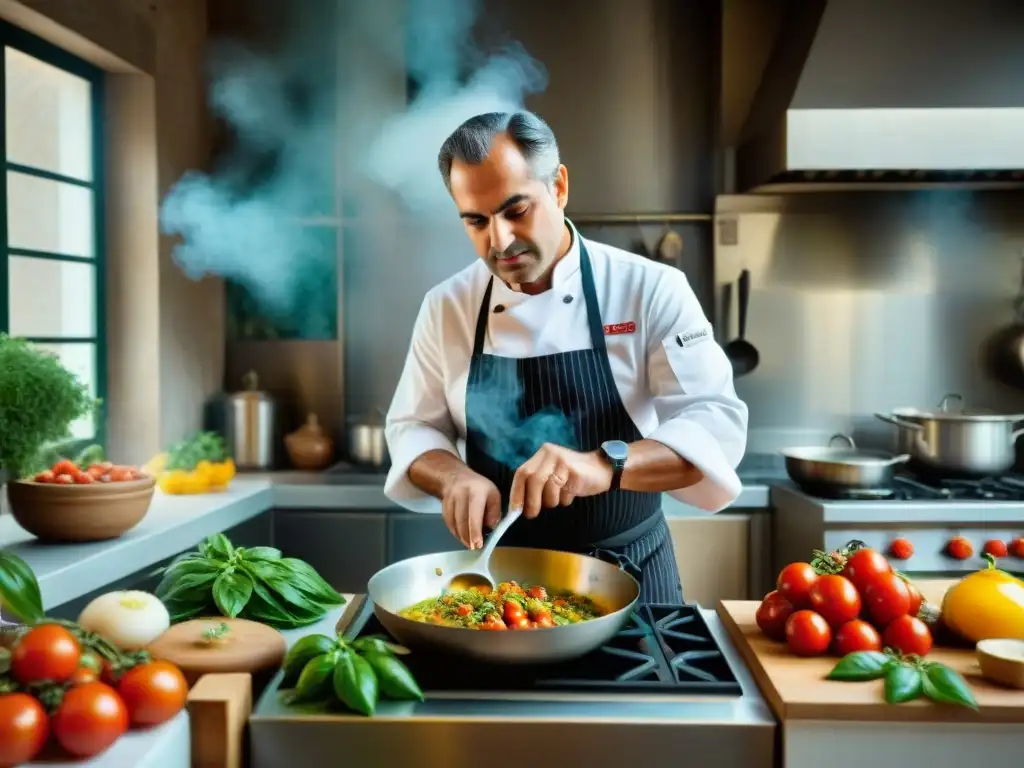 Cocina tradicional siciliana: Ciccio Sultano preparando un plato con ingredientes frescos en su vibrante cocina