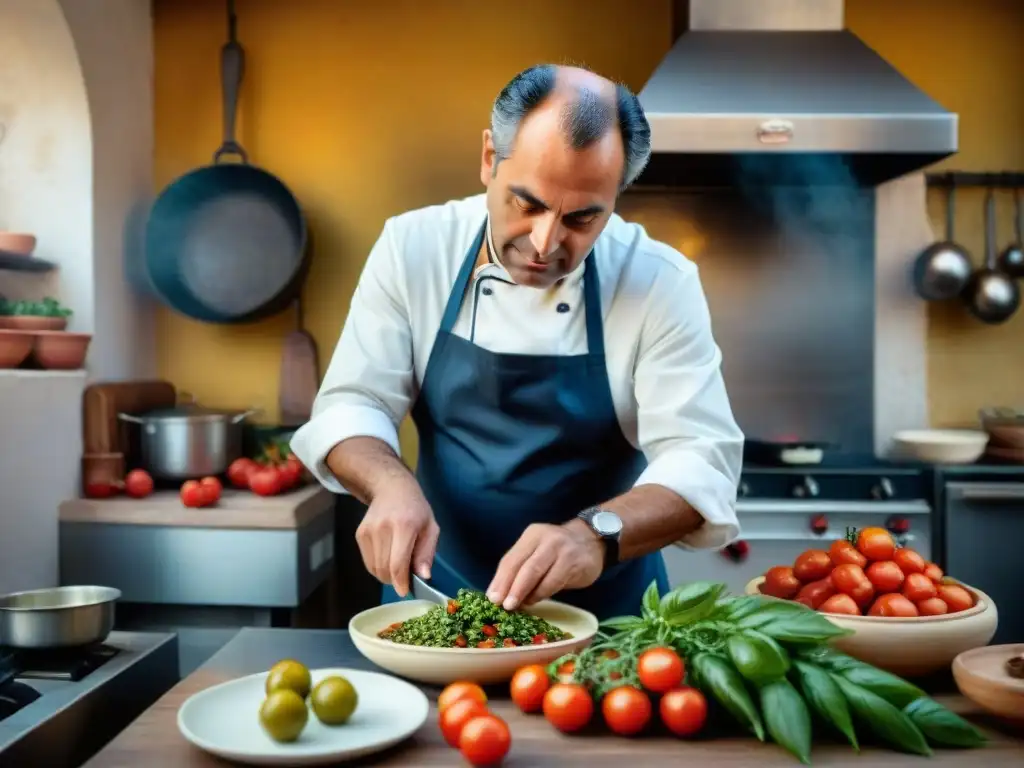 Cocina tradicional siciliana plato Ciccio Sultano preparando con maestría un plato siciliano rodeado de ingredientes coloridos