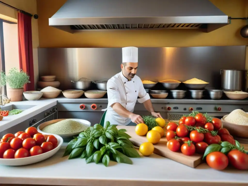 Una cocina tradicional siciliana rebosante de vida y sabores auténticos, con ingredientes frescos y un chef preparando pizza