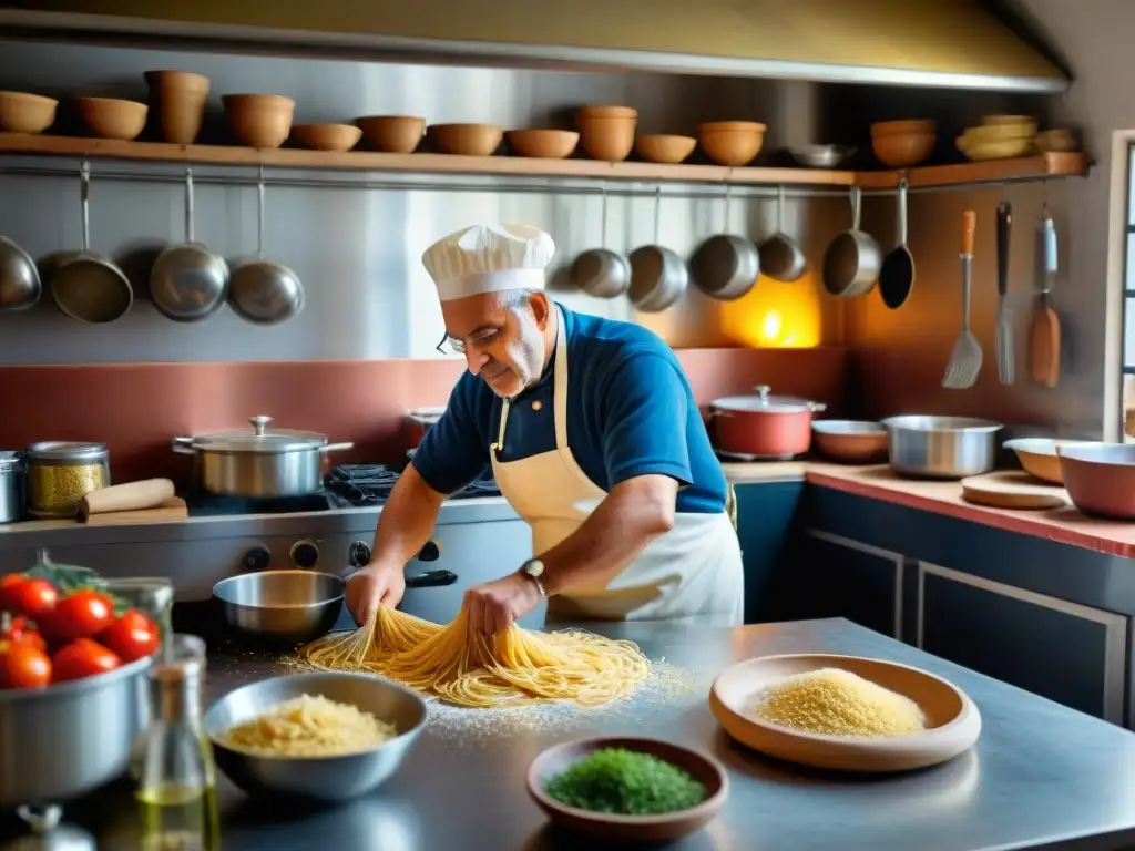 Una cocina veneciana llena de actividad, con una nonna italiana rodando la masa de pasta