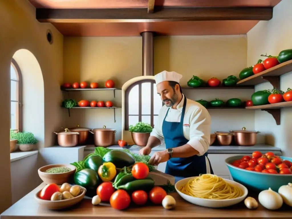 Una cocina veneciana tradicional llena de productos frescos y una nonna italiana preparando pasta a mano