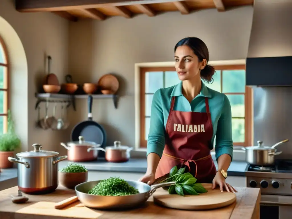 Un cocinero apasionado de cocina italiana en su cocina rústica usando un delantal chef personalizado, cortando albahaca fresca