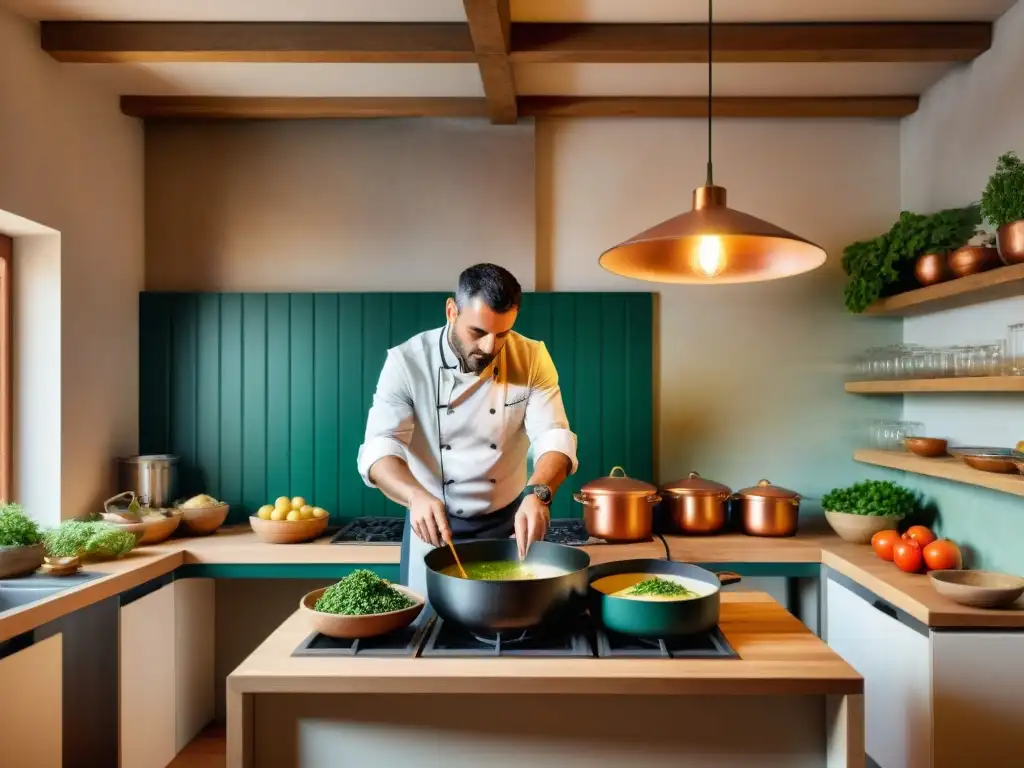 Un cocinero preparando Caldo Verde en una cocina italiana con influencia portuguesa