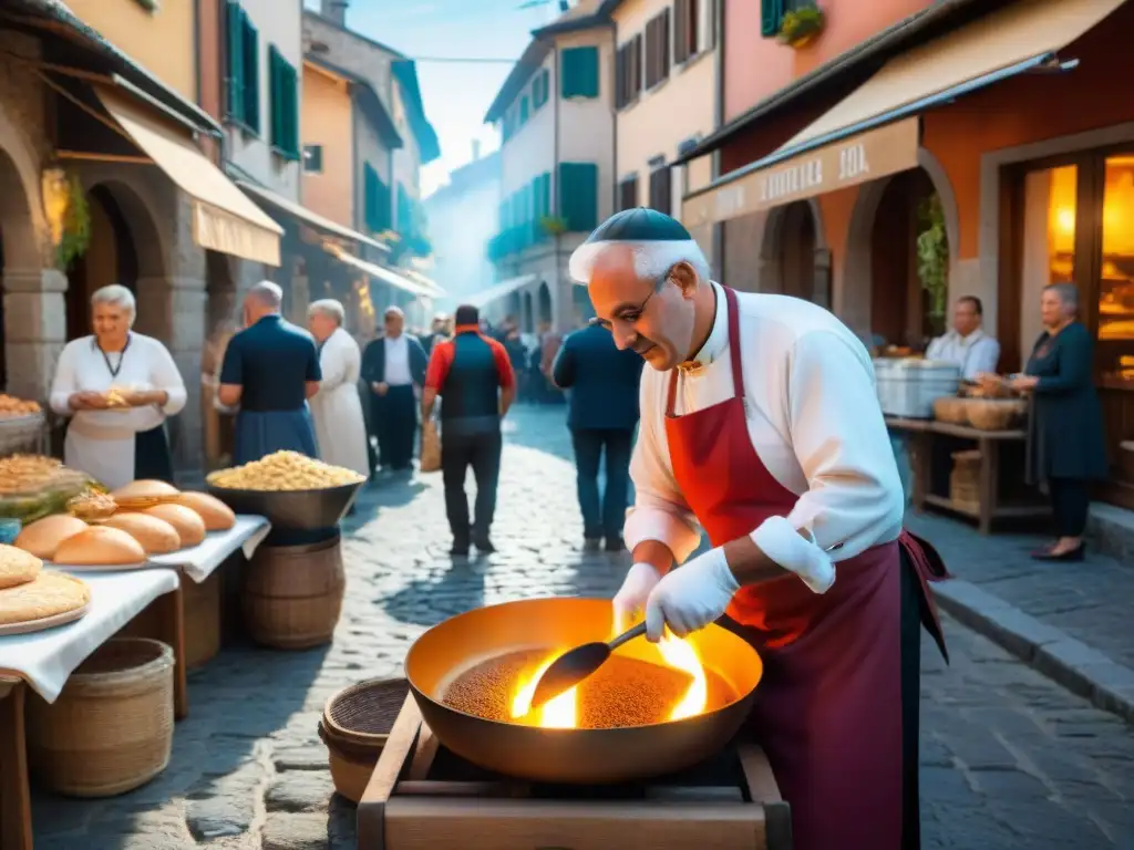 Un cocinero callejero en Friuli, Italia, preparando un Frico en una sartén de cobre, rodeado de curiosos