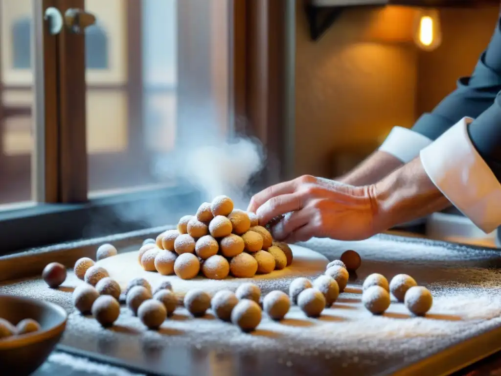 Cocinero en Nápoles preparando struffoli en cocina rústica