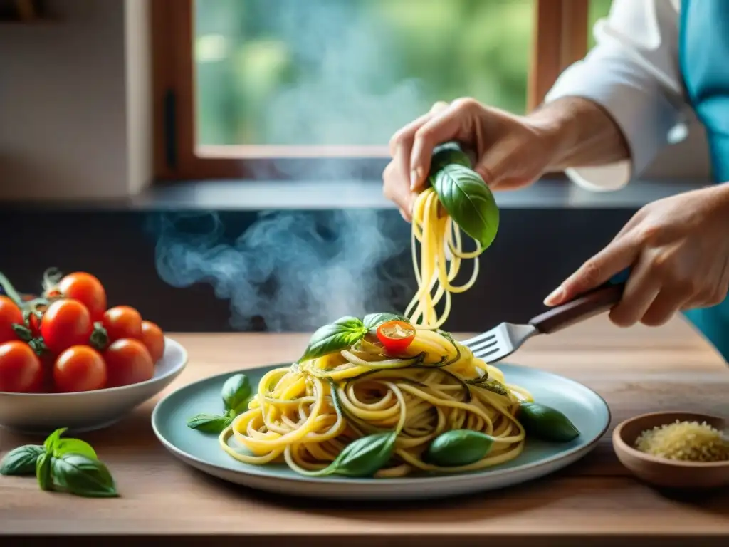 Un cocinero prepara espaguetis carbonara bajas en carbohidratos en una cocina italiana tradicional, con ingredientes frescos y coloridos