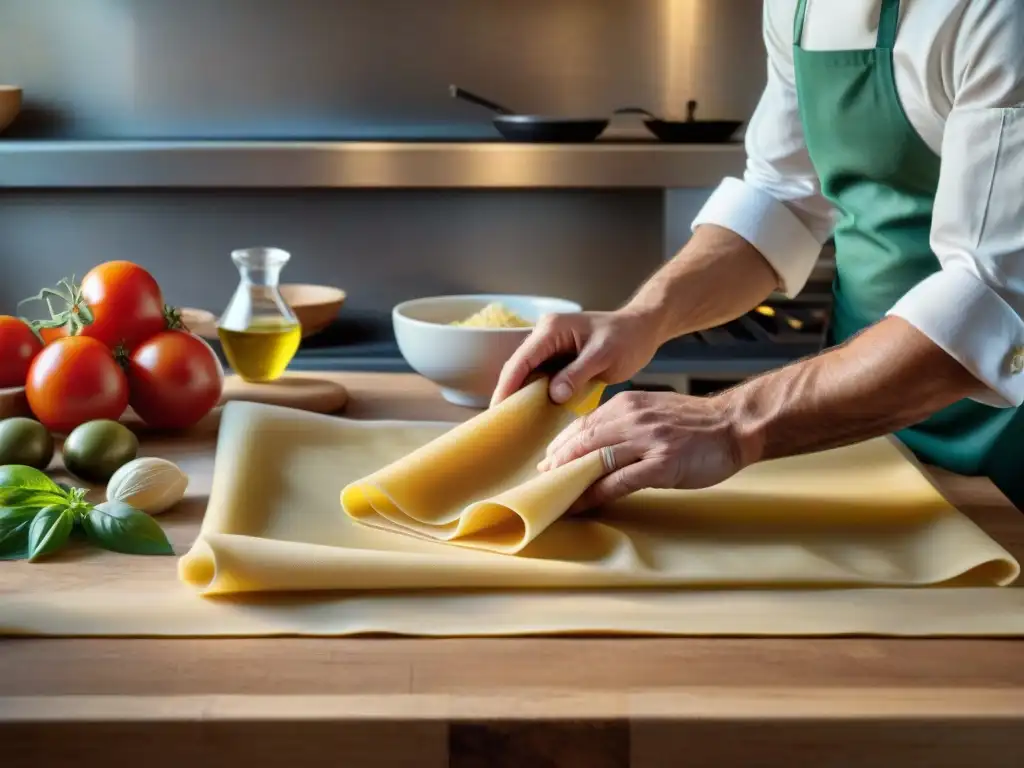 Un cocinero experto en una cocina tradicional en Siena, Italia, elaborando pasta fresca para pici