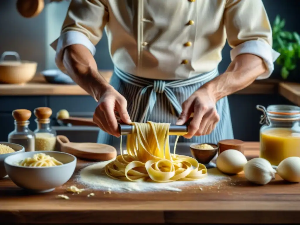 Un cocinero experto amasa masa para fettuccine en una cocina rústica, evocando historia y tradición culinaria