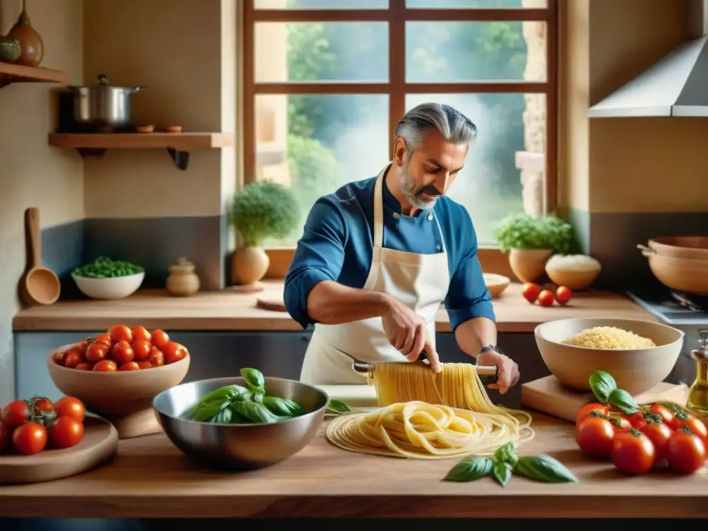 Un cocinero experto preparando pasta en una cocina italiana tradicional con ingredientes frescos