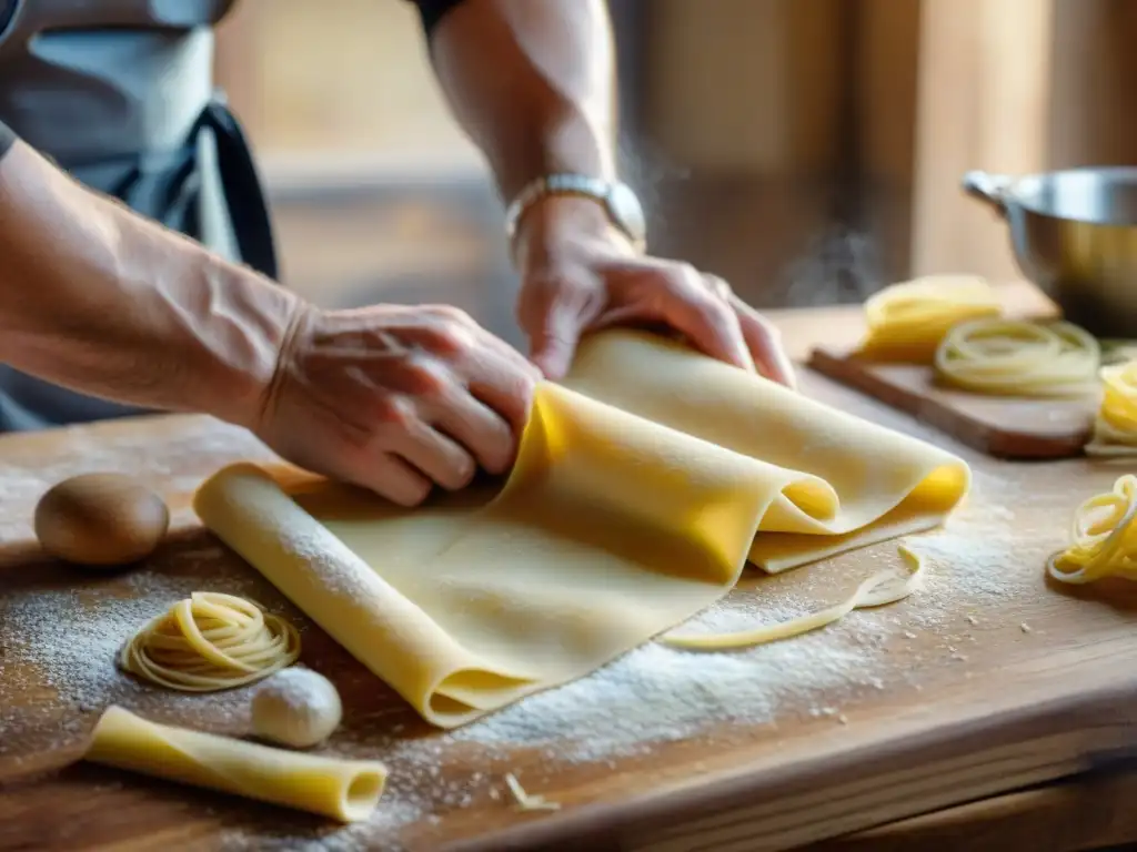 Chef experto preparando pasta fresca con destreza Cocinero experto elaborando pasta fresca en mesa de madera rústica