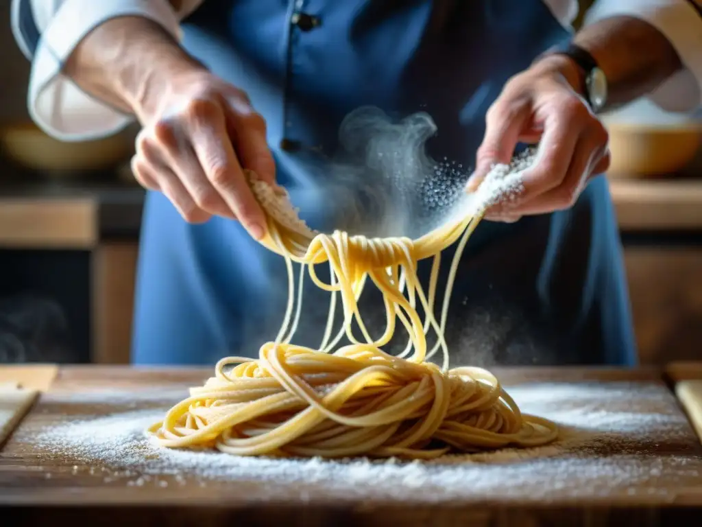 Cocinero experto elaborando pasta fresca en mesa de madera, destacando la artesanía italiana