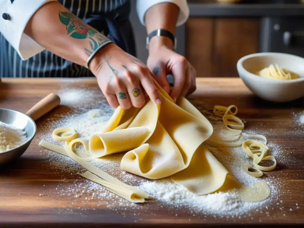 Cocinero experto elaborando pasta fresca en detalle, fusionando tradición y modernidad