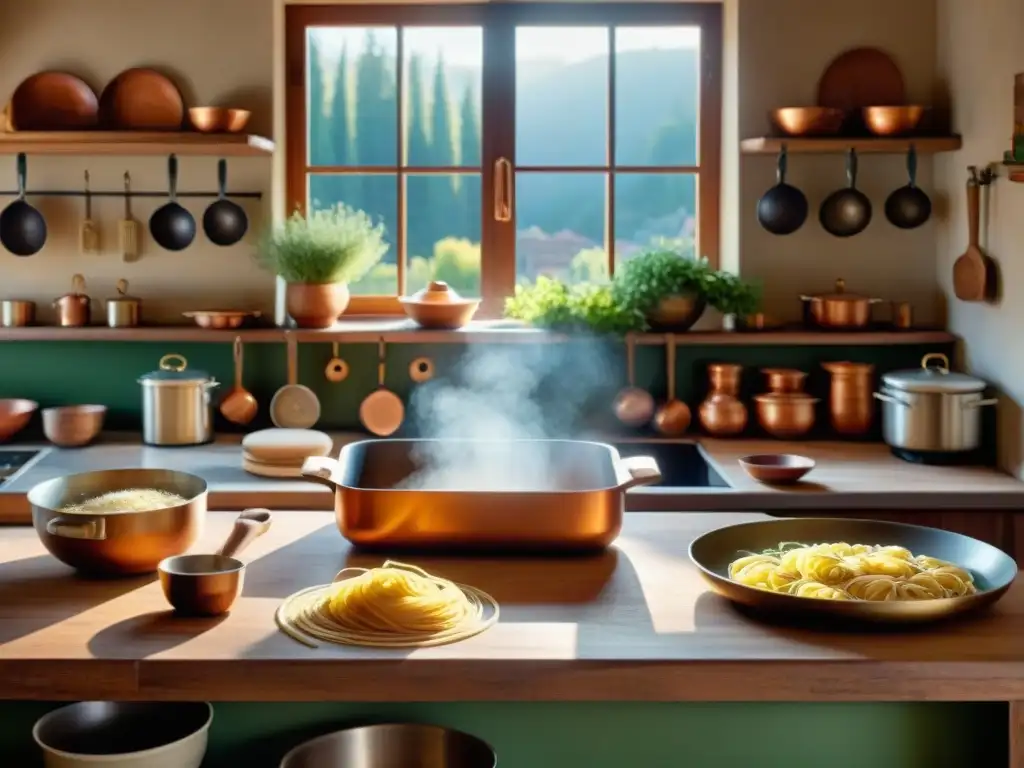 Un cocinero experto preparando pasta fresca en una animada cocina italiana