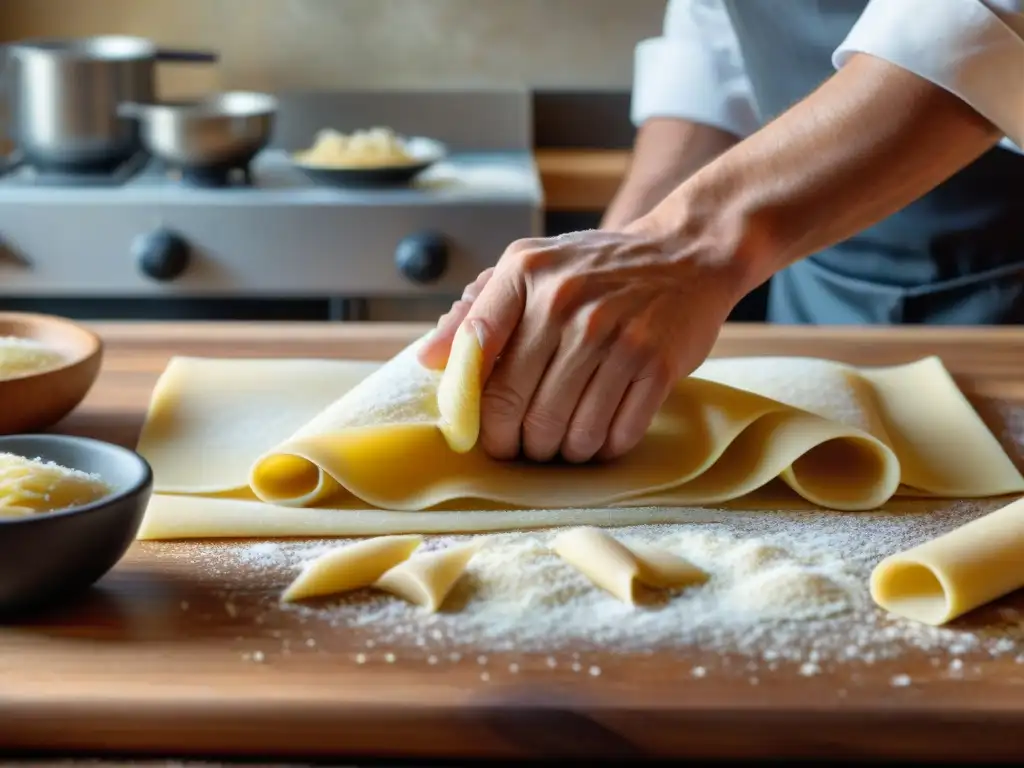 Cocinero experto preparando pasta fresca, mostrando la autenticidad de la cocina italiana