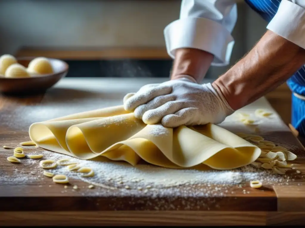 Un cocinero experto amasa pasta fresca en una encimera de madera, con utensilios de cocina italiana para principiantes