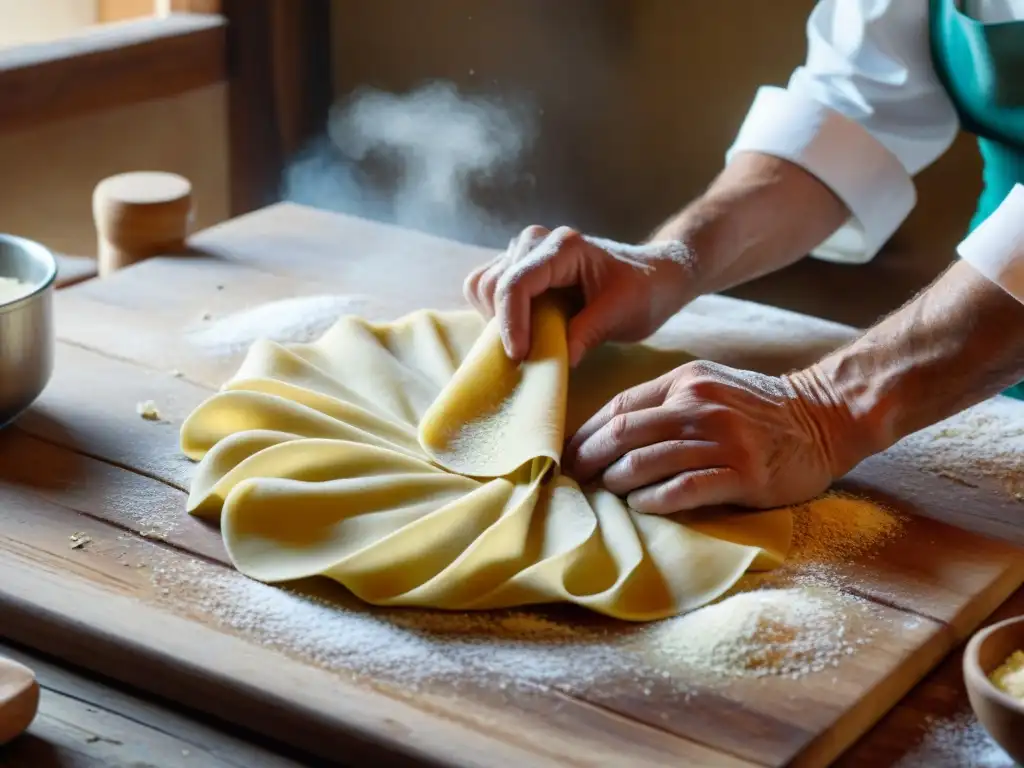 Cocinero experto preparando pasta fresca en una cocina rústica en Italia central