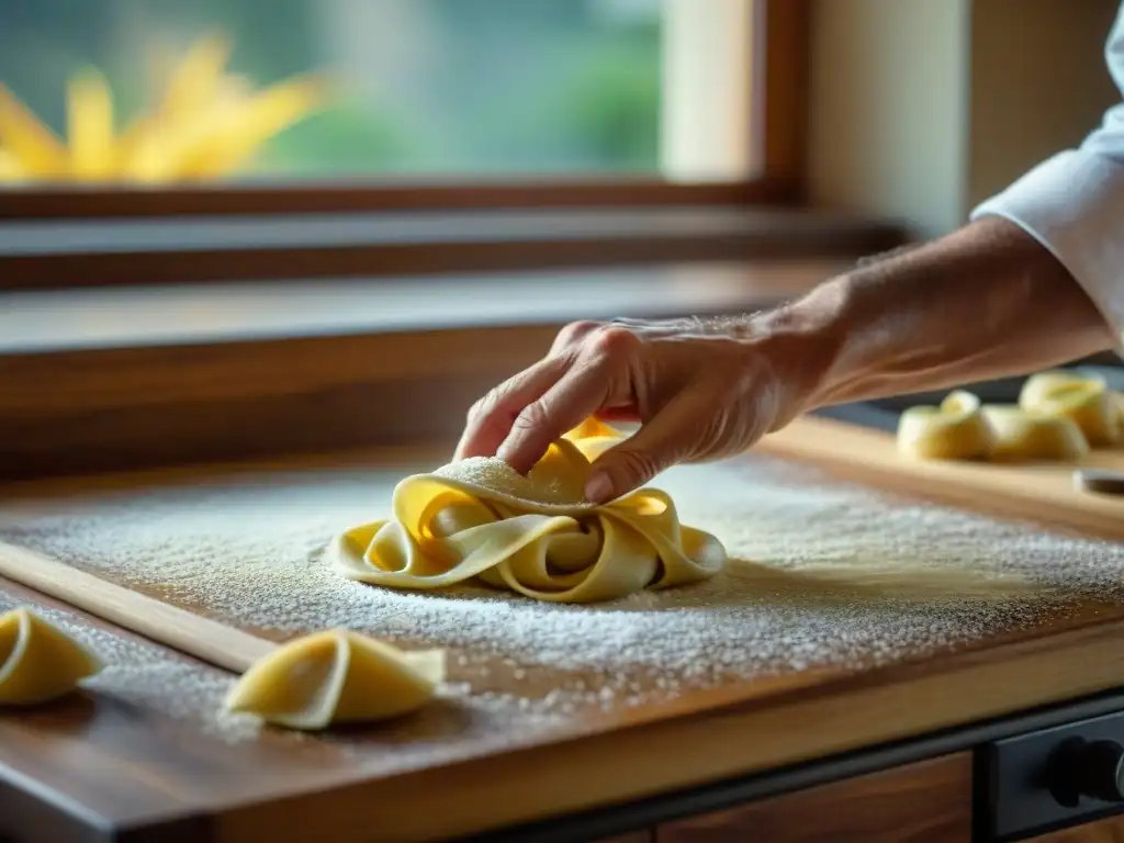 Maestro de la pasta: Tortellini perfectos en proceso Cocinero experto moldeando tortellini en ambiente cálido
