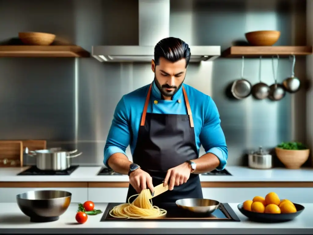 Un cocinero experto utiliza utensilios de cocina italianos innovadores en una moderna cocina italiana