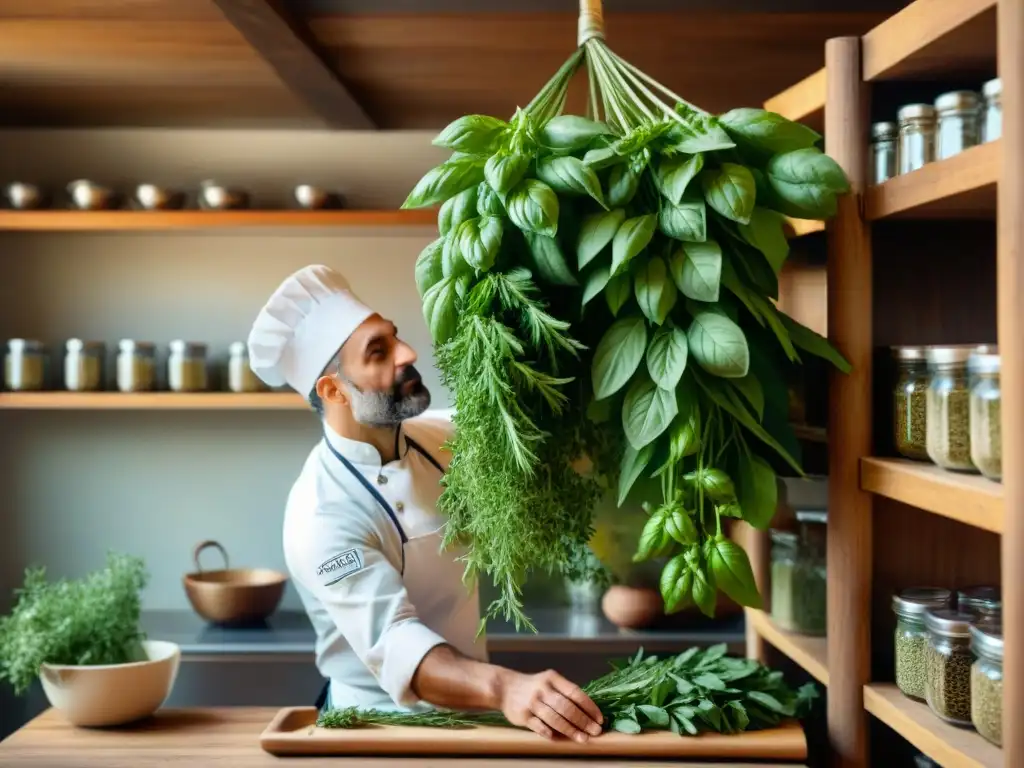 Un cocinero elige hierbas italianas en una cocina tradicional, con hierbas frescas colgando para secar