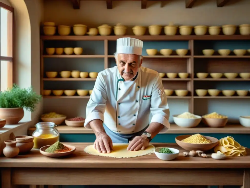 Cocinero italiano anciano amasando pasta en cocina tradicional con especias y hierbas frescas