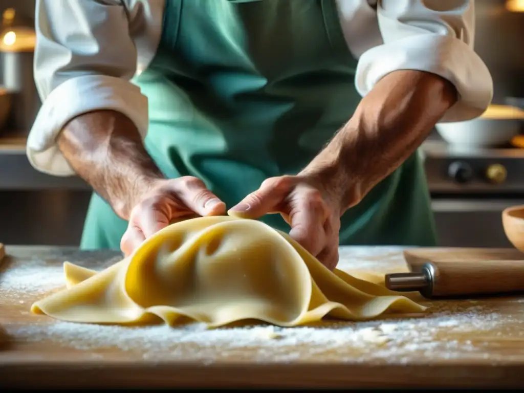 Un cocinero italiano experto amasa pasta fresca con destreza, en un ambiente cálido y acogedor