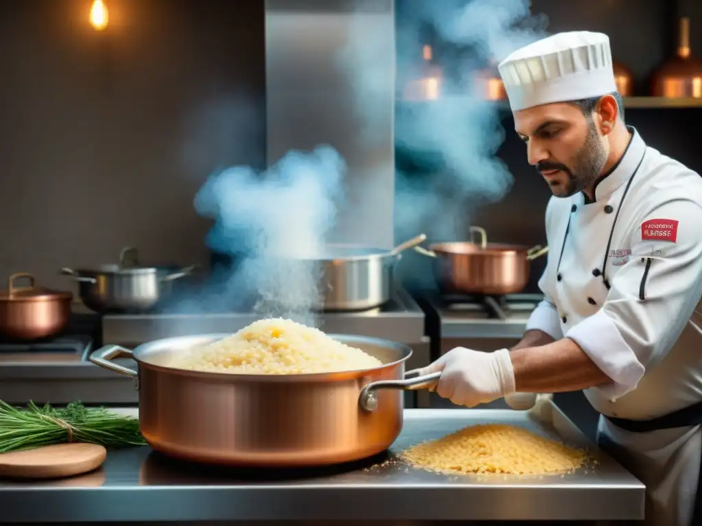 Maestro Risottero: el arte italiano en movimiento Un cocinero italiano experto removiendo risotto en trattoria