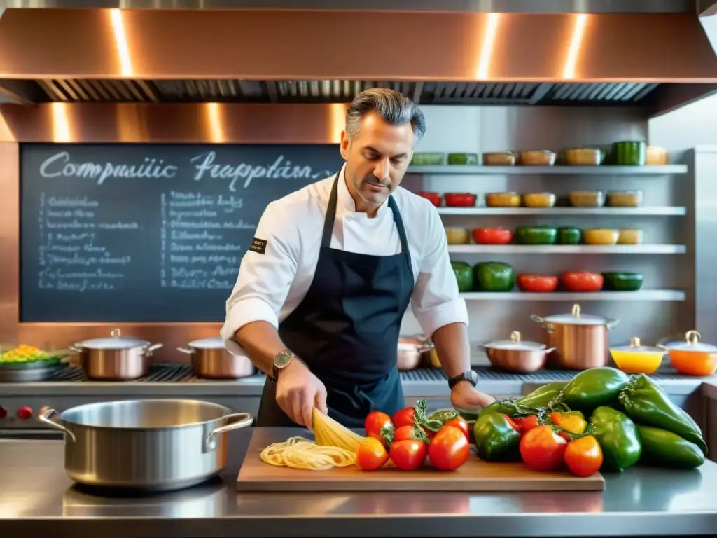 Un cocinero italiano innovador creando platos gourmet en una bulliciosa cocina, rodeado de ingredientes frescos